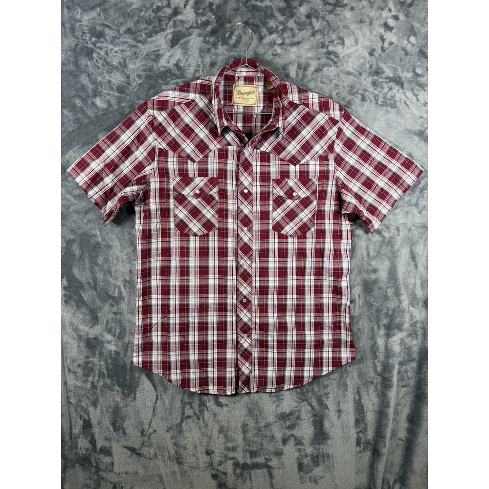 Wrangler Shirt Mens L Red Plaid Western Short Sleeve Snap Button Cowboy Pockets